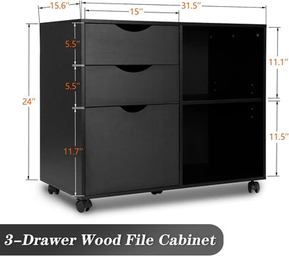 QDSSDECO 3-Drawer with Shelf Wood File Cabinet Mobile Lateral Filing Cabinet, with Rolling Wheel Printer Stand and Open Adjustable Storage Shelves, for Home Office, Black