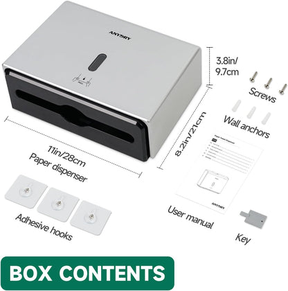 Wall-Mounted Paper Towel Dispenser – Fits Tri-Fold Towels up to 10x3.1 Inches, Holds 200 Sheets, Ideal for Home & Commercial Use (Silver)