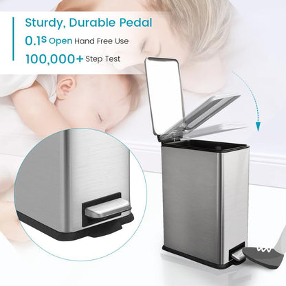 16.7L/ 4.4 Gallon Rectangular Slim Kitchen Trash Can with Removable Inner Bucket, Soft Close lid, Stainless Steel Step Pedal Garbage Can for Bathroom, Kitchen, Home Office, Brushed Silver