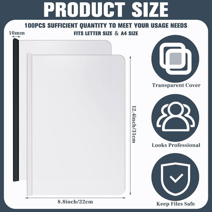 BBTO 100 Pcs Clear Report Covers with Sliding Bar for A4 Paper Resume Covers Presentation Folders File Document Binder for School Business, Letter Size 12 x 8.7 Inches(Black, White)