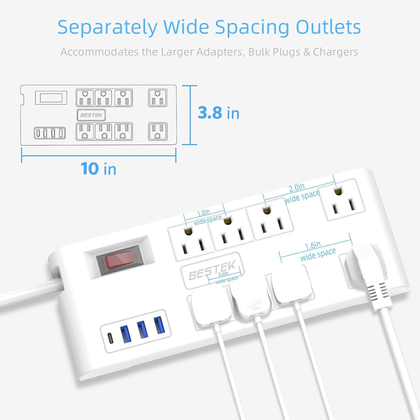 BESTEK 8 AC Outlet, 12 Feet Extension Cord Power Strip with 3 USB-A 2.4A 1USB-C 3A, MAX Output 1625W 13A, 600Joule, Ultra-Compact Wide Spaced Outlet for Large Plug