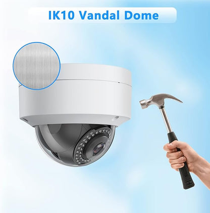 Real HD 6MP PoE IP Vandal Dome Security Camera Outdoor, 2.8mm Wide Angle, H.265, IP67 IK10, Support Firmware Upgrade, Compatible with NVR, NDAA Compliant