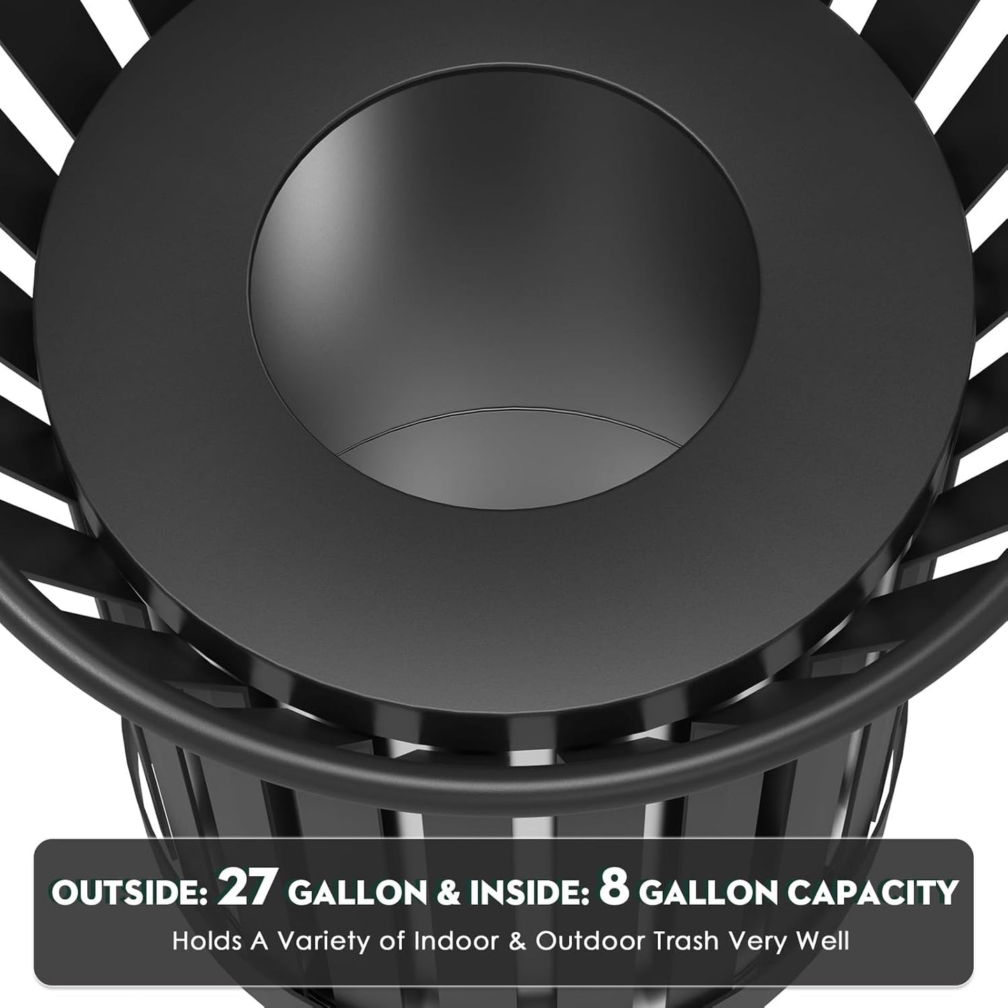 25.2IN Large Round Large Outdoor Trash Can, Heavy Duty Metal Slatted Garbage Can Outdoor, All Weather Resistant Commercial Garbage Cans, Waste Receptacle in Park, School, Beach, Patio Black