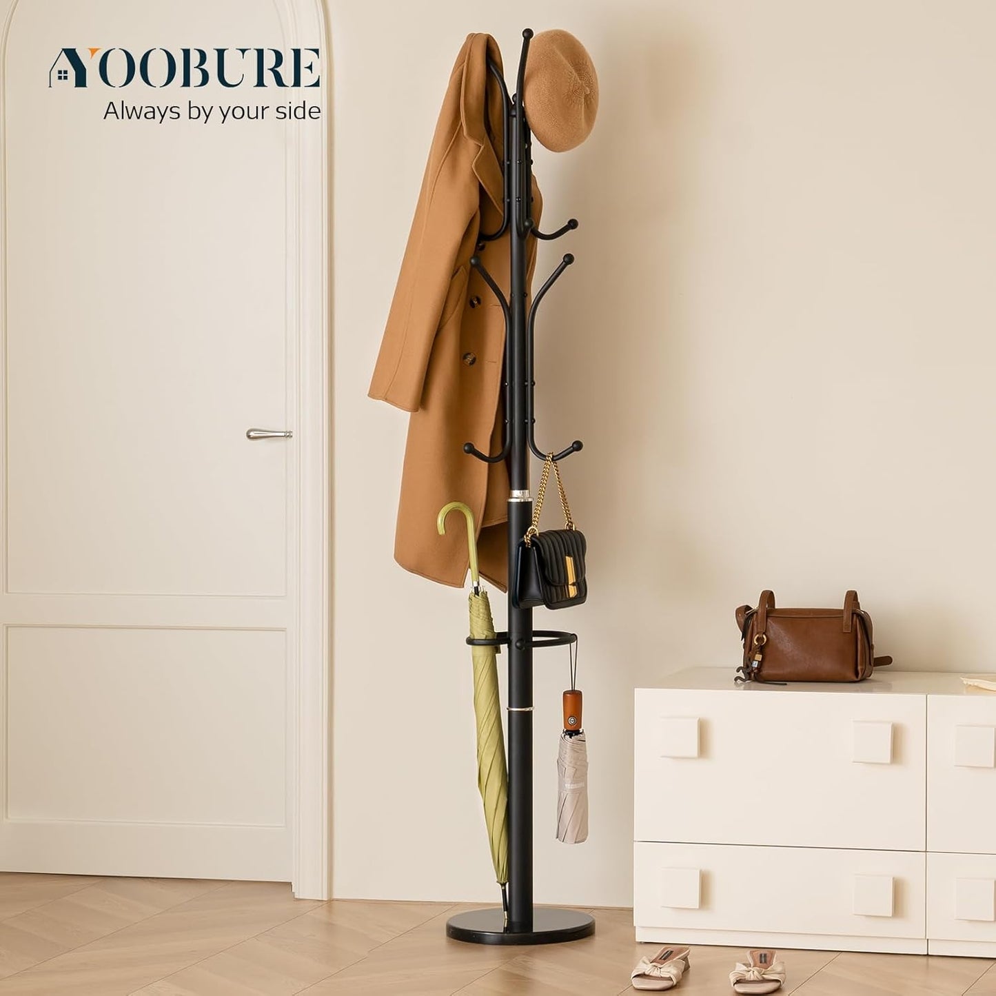 Yoobure Metal Coat Rack Freestanding with Marble Base, Coat Tree with 12 Hooks & Umbrella Holder, Coat Hanger Stand for Corner Entryway Bedroom Office, Heavy Duty Coat Rack Stand for Clothes Hats Bags