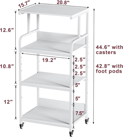 4 Tier White Printer Stand with Storage Shelf, Large Tall Printer Table for Home Office, Rolling Printer Cart with Industrial Wheels for Paper Shredder Scanner Fax Heat Press Small Space (White)