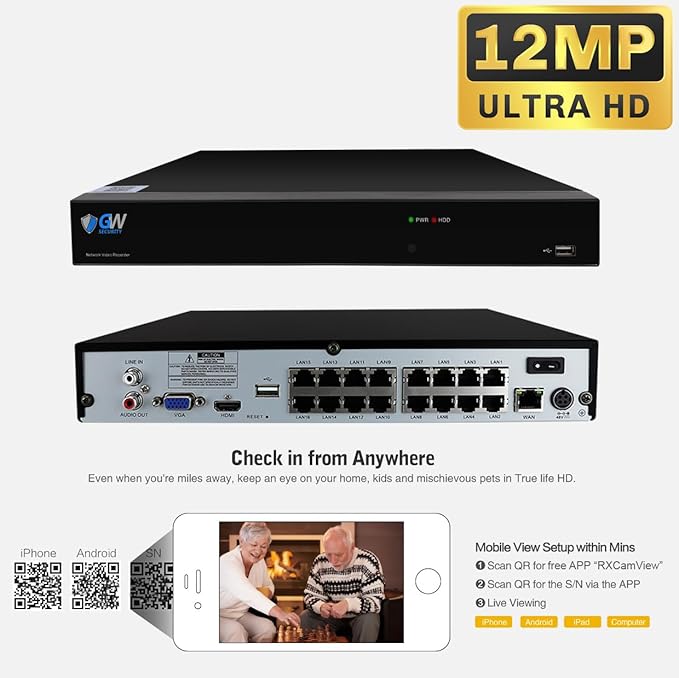 GW Security 32 Channel NVR UltraHD 12MP (4000x3000) Face/Human/Cars Detection PoE Security Camera System with 12 x 6K 12MP Full Color Night Vision Waterproof 2-Way Audio Dome Cameras
