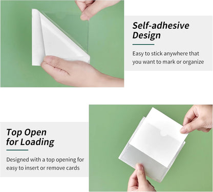 52 Pack Index Card Pockets with Top Open, 4 x 4 Inch Adhesive Label Pockets Clear Plastic Index Card Holder for Organizing, Storage Bins, Library Cards, Notes