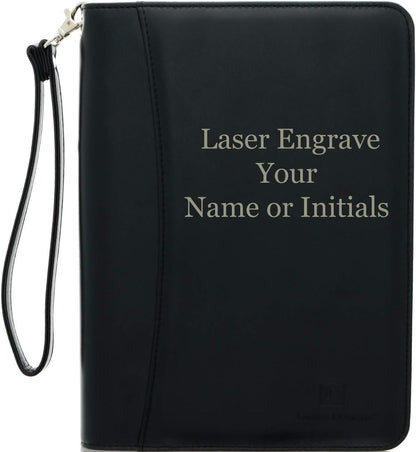 Customized Black Zippered Portfolio Binder with Junior Legal 5x8 Notepad - Engraved PU Leather Business Padfolio Organizer Folder with 8" Tablet Sleeve & Gift Box by Lautus Designs