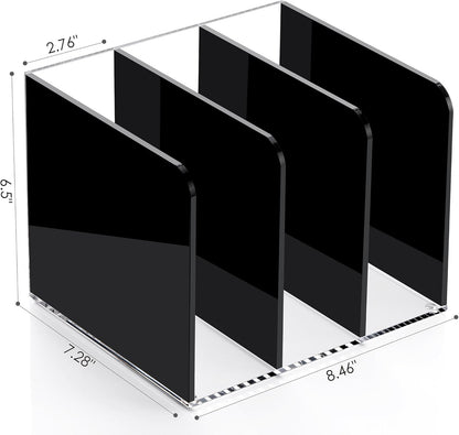 Acrylic Magazine File Holder Desktap Organizer Folder Rack Workspace Sorters, Bookend File Sorter Holder Office Accessories Organization Storage 3 Vertical Compartments, Black