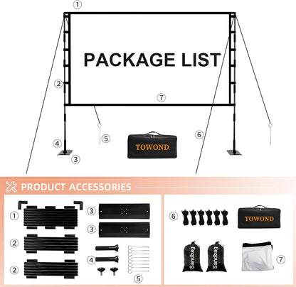 TOWOND Projector Screen and Stand, 120 inch Outdoor Projector Screen Indoor, Portable Movie Screen 16:9 4K Front Rear Projection Screen with Carry Bag Wrinkle-Free Design for Home Backyard Theater