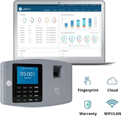 uAttend BN6500 Biometric Fingerprint Time Clock System for Small Business with WiFi and Cloud-Based Employee Timecards