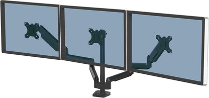Fellowes Platinum Series Triple Monitor Arm for 27-Inch Monitors, Full Motion, 360° Rotation, VESA Mount with Grommet or Clamp, USB Ports, Ergonomic, Black, 8042601