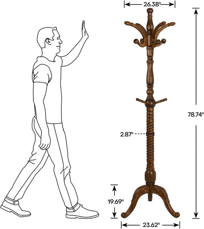 Coat Rack Freestanding Tree Stand with 8 Hooks, 79'' Heavy Duty Premium Ash Wood Hanger Stand, Floor Standing Clothes Hat for Entryway, Corner,Hallway,Bedroom, Office,Brown-Style 2