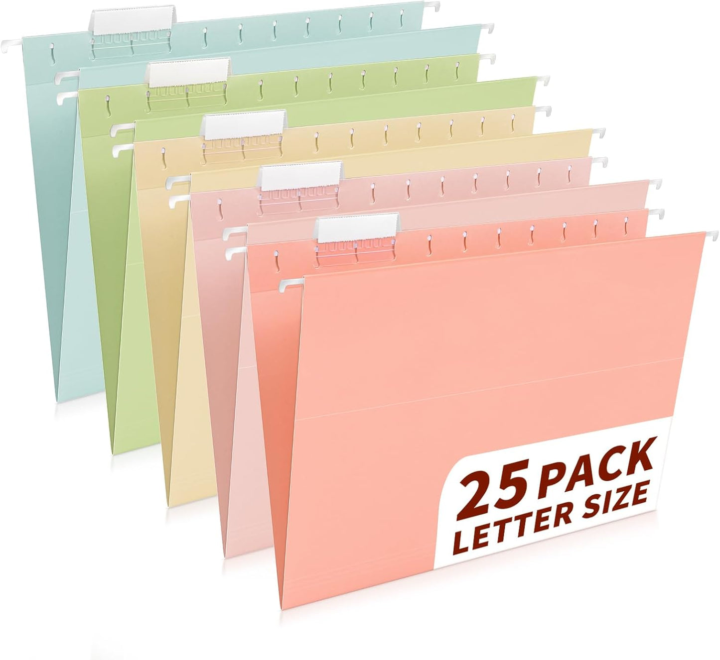 25-Pack Pastel Hanging File Folders, Letter Size (8.5"x11") with 1/5-Cut Tabs,25 Transparent Label Cards, 25 Sticker Labels–Home Office & Filing Cabinets