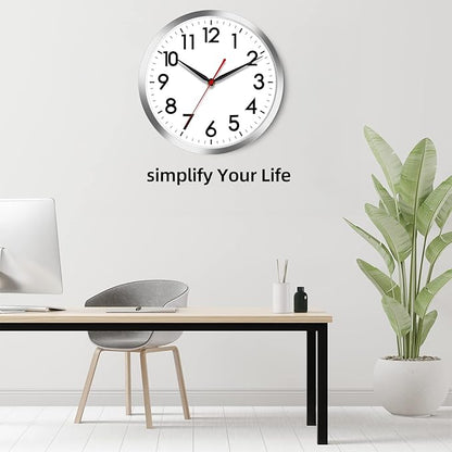AKCISOT Wall Clock 12 Inch Silent Wall Clocks Battery Operated Non Ticking - Modern Silver Clock Decorative for Kitchen, Bathroom, Bedroom, Living Room, Office, Home