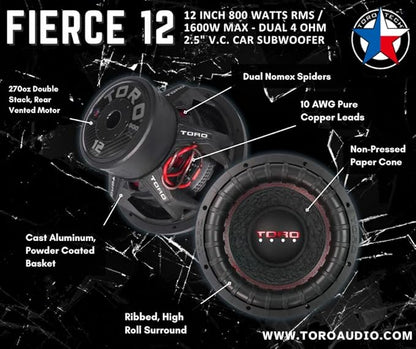 TORO TECH – Fierce 12, 12 Inch 800 Watts RMS – 1600 Watts MAX – Dual 4 Ohm 2.5 Inch Voice Coil, 12” Car Audio Subwoofer for Cars, Trucks, Jeeps, Boats, Off Road with Hard Hitting Bass (Sold As Each)