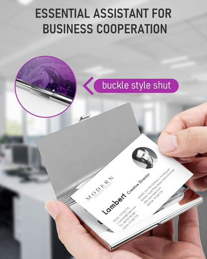 Business Card Metal Slim Organizer, Professional Stainless Steel Square Pocket Wallet for Office Workers, Compact and Portable for Pockets (Purple Starry Sky)