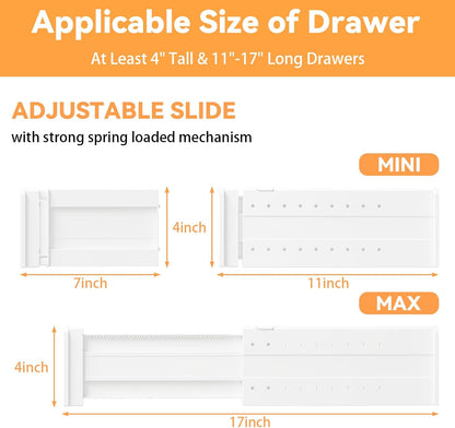 REBECAT 5 Pack Drawer Dividers for Clothes Adjustable Drawer Dividers 4" High Expandable from 11"-17" for Dresser Baby Clothes Bathroom Bedroom Kitchen and Office Storage，White
