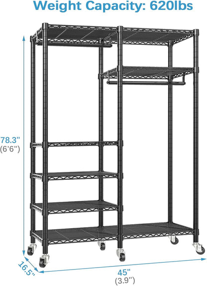 VIPEK R4 Garment Racks Heavy Duty Clothes Rack -620lb Capacity Metal Frame, Rolling Lockable Wheels & 6 Tiers Adjustable Height Shelves & Hanger Rods, Sturdy Wardrobe Closet for Home Storage, Black