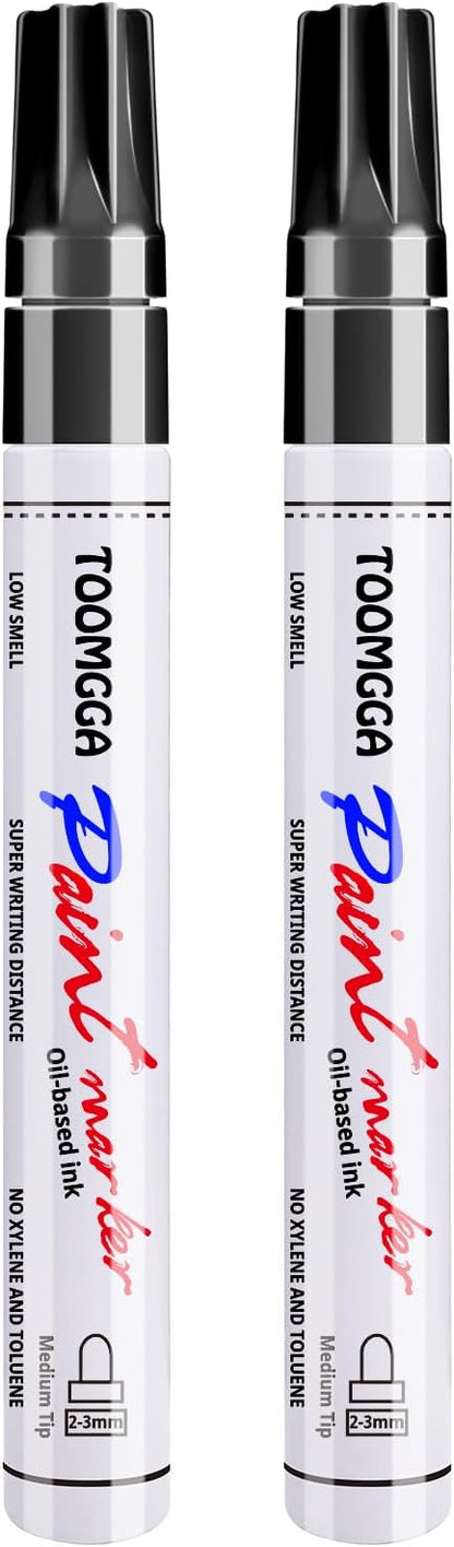 Black Paint Pens Permanent Paint Markers - 2 Pack Oil Based Marking Pens, Medium Point, Quick Drying and Waterproof Pens for Rock Painting Car Tyre Metal, Plastic, Canvas, Wood