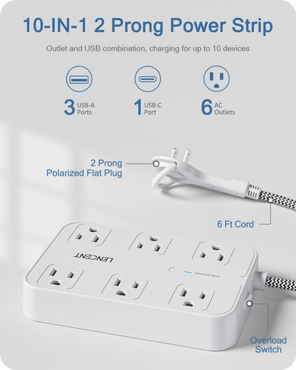 LENCENT 2 Prong Power Strip, 3 to 2 Prong Outlet Adapter, 1050J Surge Protector, 6ft Braided Extension Cord with Thin Flat Polarized Plug, 6 AC & 4 USB (1 Type-C), Wall Mount for Non-Grounded Outlet