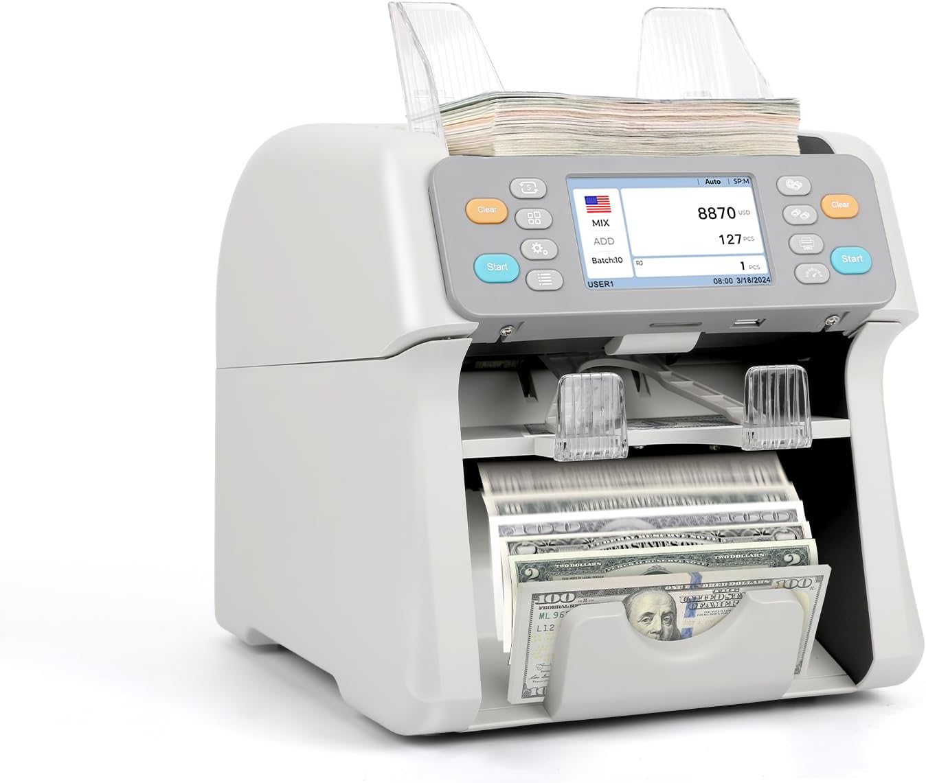 RIBAO MC-165 Two-Pocket Mixed Denomination Money Counter Machine, Value Counting, White Bill Counter Multi Currency, CIS/UV/MG/IR Counterfeit Detection for Business