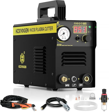 H HZXVOGEN Plasma Cutter, 50A Portable Plasma Cutter with Post Flow, 110/220V Dual Voltage Digital Display DC IGBT Inverter HF Air Plasma Cutting Machine, 1/3 inch Clean Cut for Beginners DIY(HVC50)