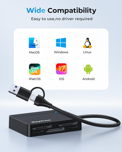 RayCue USB C USB3.0 Multi SD Card Reader, 7 in1 Memory Card Reader for SD/TF/CF/XD/MS, Drive Free for iPhone 15 pro/max, MacBook Pro/Air 2023, iPad Pro, iMac, S23, XPS 17, Surface Book 3 and More