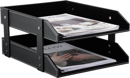 KINGFOM Letter Tray, Leather Paper Organizer Tray, Wooden Desk File Holder, Desktop File, Stackable Magazine Holder, Mail Sorter, Great for Home or Office - 2 Level Black