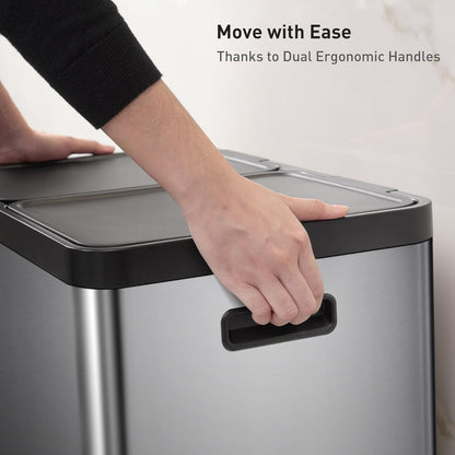 EKO Essential 8+8 Gallon Dual Trash Can, Kitchen Step Recycle Trash Can with Dual Removable Bucket, Independent Lids and Pedals, Brushed Stainless Steel