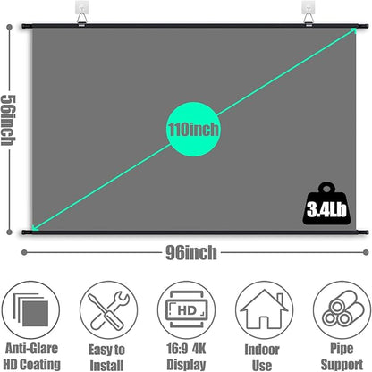 110 inch Projector Screen, XIAOHUI Portable Movie Projector Screen for Outdoor Indoor with 3 pcs Adhesive Hook, 4K Hanging Projection Screen for Room Wall, No Drilling, Anti-Glare Coating, 16:9 HD