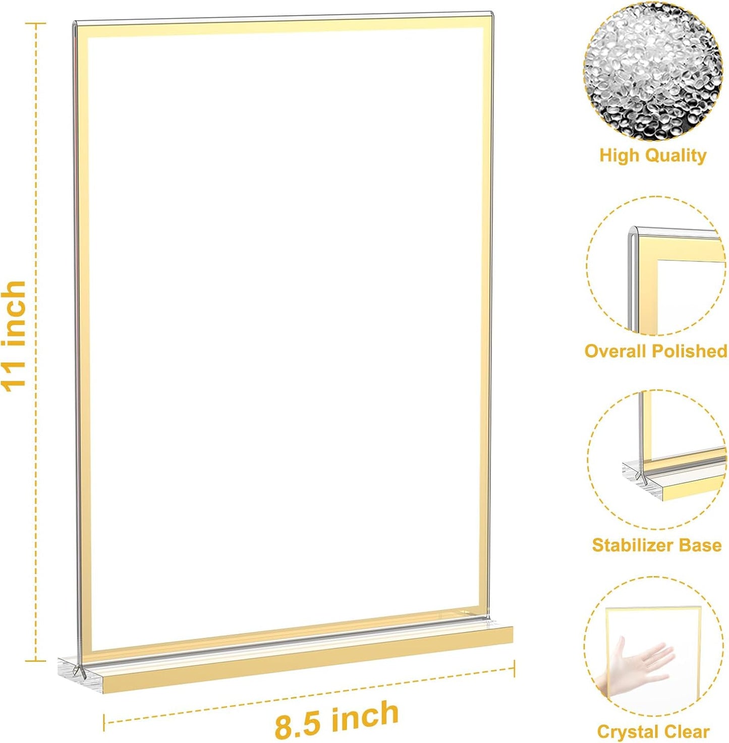 EHWINE 8 Pack Acrylic Sign Holder 8.5 x 11, Double-Sided Tabletop Gold Sign Holder, Clear Acrylic Picture Frame Menu Flyer Paper Holder Display Stand for Home Wedding Party (with Non-Slip Pads)