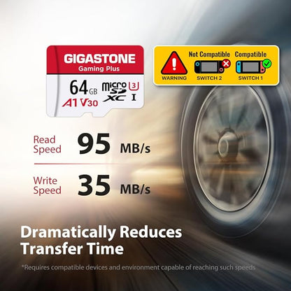 【For Switch 1 Only】 GIGASTONE 64GB Micro SD Card 2-Pack, Gaming Plus, MicroSDXC Memory Card for Nintendo-Switch, 4K UHD Video Recording, UHS-I U3 C10 A1 V30, up to 90MB/s, with Adapter