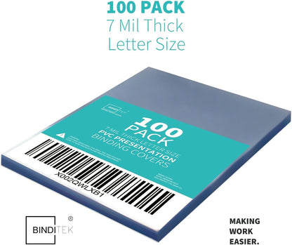 Binditek 100 Pack 7 Mil PVC Plastic Binding Covers, 8.5 x 11 Inches, Letter Size, Square Corners, Un-Punched, Office Supplies