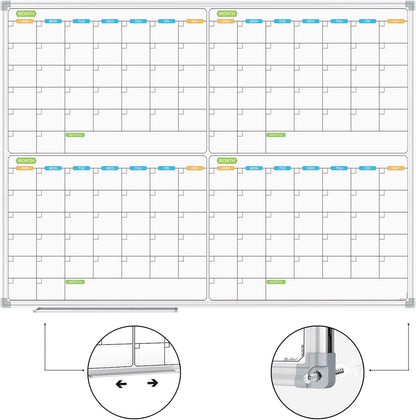 JILoffice Magnetic Dry Erase Calendar Whiteboard, 4 Month White Board Planner 48 X 36 Inch, Silver Aluminum Frame Wall Mounted Board for Office Home and School