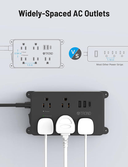 TROND Power Strip Surge Protector, 5 Widely-Spaced Outlets with 2 USB A and 1 USB C, ETL Listed, Wall Mountable, Flat Plug 5ft Extension Cord, 1300J, 14AWG Heavy Duty, for Office Kitchen, Black