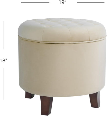 Homepop Home Decor | Upholstered Round Velvet Tufted Foot Rest Ottoman | Ottoman with Storage for Living Room & Bedroom | Decorative Home Furniture, Cream