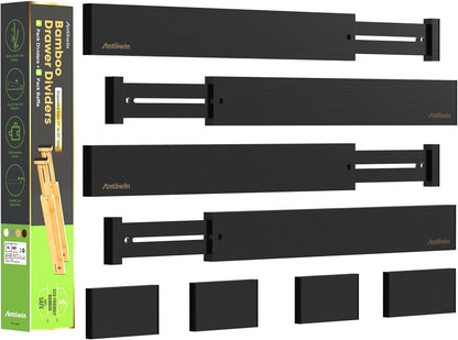 ANTOWIN Bamboo Drawer Dividers Organizers, Expandable Drawer Separators Splitter,17-22 inches Long Adjustable Spring-loaded Organizer for Large Utensil, Clothes, Tools Drawers (Black)