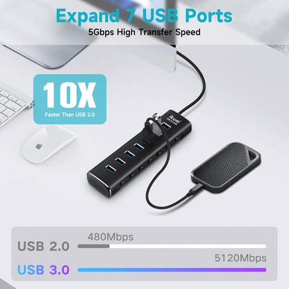 Powered USB 3.0 /USB C Hub, ikuai Aluminium 7-Port USB Hub Splitter with AC Adapter LED Individual On/Off Switches and 3.3ft Extended Long Cable for Laptop, Mac, PC, Flash Drive, Mobile HDD