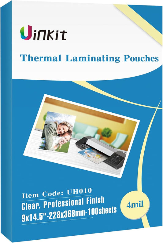 Uinkit 4 Mil 100 Pack Legal Size Thermal Laminating Pouches, 9x14.5-Inches, Clear Glossy Lamination Sheets Laminator Pockets