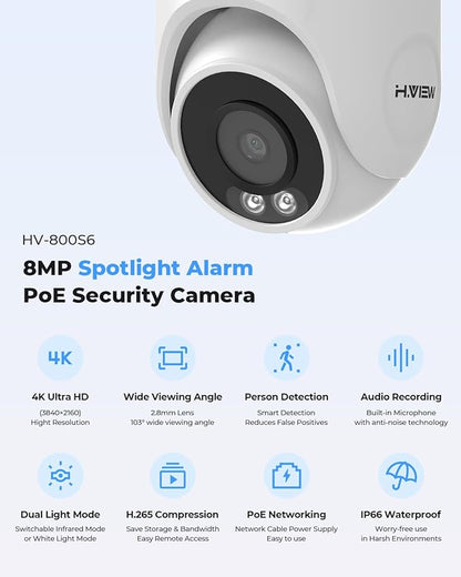 H.VIEW 16 Channel NVR PoE Security Camera System Wired, 8MP 4K 16CH Commercial NVR 4TB, Smart AI Color Night, 16x 8MP Outdoor Audio IP Cameras, 16x Network Cables, CCTV for Businesses Home