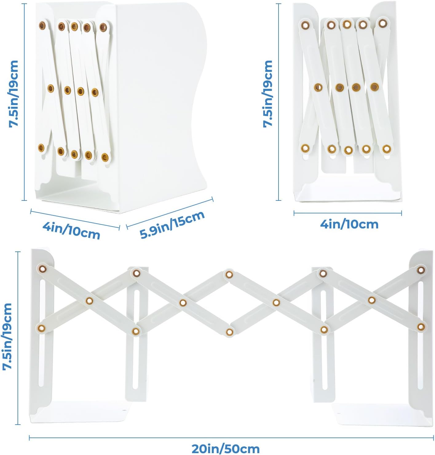 M&G Adjustable Bookends Book Ends for Shelves, Metal Bookend for Heavy Books, Desk Magazine File Organizer Holder Extends up to 20in, Book Stopper for Home, Office, Classroom (White)