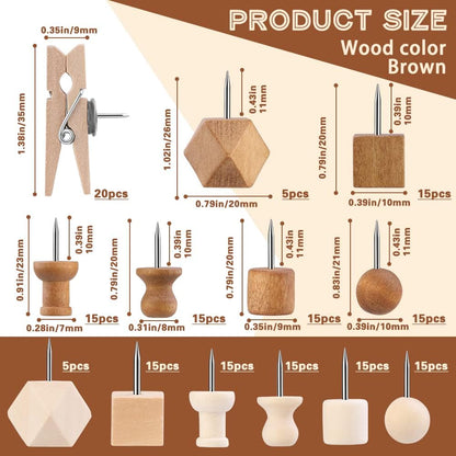 180 Pcs Wood Push Pins, 2 Colors and 7 Types Decorative Thumb Tacks Wooden Head Pin Map Tacks Marking Pin, Wood Thumb Tacks Decorative for Bulletin Boards Craft Projects with Storage Box