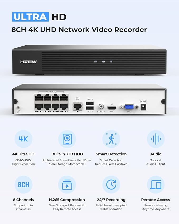 H.VIEW 4K 8MP 8CH POE NVR Security Camera System (16CH Expandable), 4 x 8MP PoE IP Bullet Cameras Outdoor Indoor, AI Human/Person/Face Detection, Two-Way Audio, 100ft IR Night Vision, 3TB HDD