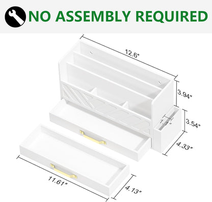 Bamboo Desk Organizer Mail Holder Countertop Wood Desk Drawer Tabletop Storage Box Pen Holder Letter Sorter Makeup Organizer for School Home Office Supplies with Pen Holder White