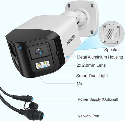 8MP Dual Lens IP PoE Camera, 2X 4MP Security Bullet Surveillance Camera with 180° Angle View, Waterproof IP67, Light Color Night Vision, Two-Way Audio, Human/Vehicle Detection, INB8CD58A