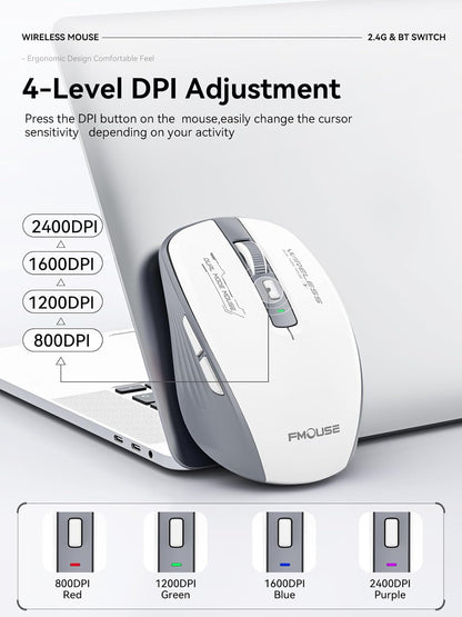 Wireless Mouse (Bluetooth & 2.4GHz USB) with Forward/Backward Side Keys, Silent Click, Ergonomic Portable AA Battery Mice for Laptop/Mac/iPad - Office & Travel Use, White & Grey