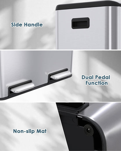 Arlopu 16Gal Dual Trash Can w/2 Built-in Box for Odor Control, Hands-Free Kitchen Garbage Bin, Recycle Waste Dustbin, Soft-Close Lid, 2 Buckets,Foot Pedal, Side Handle, Airtight,for Home Office