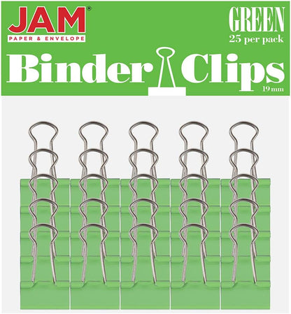 JAM PAPER Colorful Binder Clips - Small - 3/4 Inch (19 mm) - Green Binderclips - 25/Pack