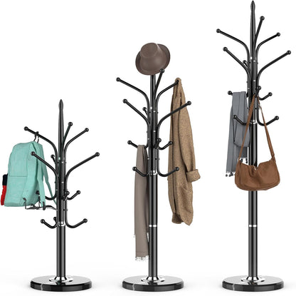 Heavy Duty Coat Rack with Marble Base, Freestanding Hall Coat Tree with 12 Hooks and 3 Adjustable Sizes, Metal Coat Rack Stand for Entryway, Bedroom, Office Hanging Purses, Coats, Scarves, Hats